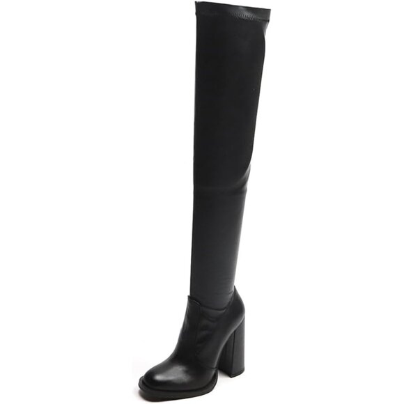 🆕Women Black Leather Over The Knee Thigh High Chunky Heel Pointed Toe Long Boot - Picture 3 of 9